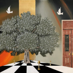 "Tree on an orange-black background with a door and doves"-Andreas Galiotos