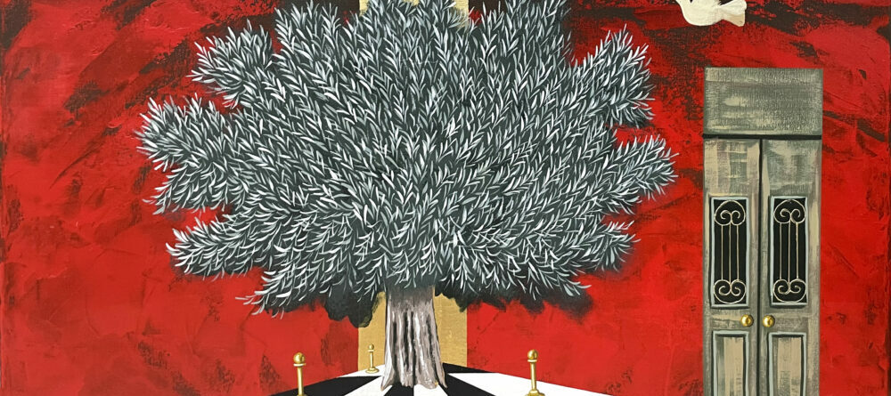 "Tree on a red-black background with doves"-Andreas Galiotos