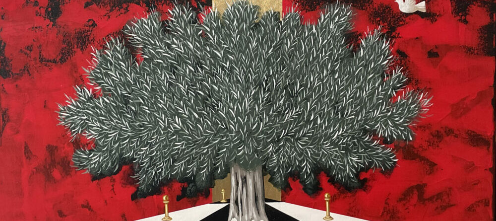 Tree on a red background with doves